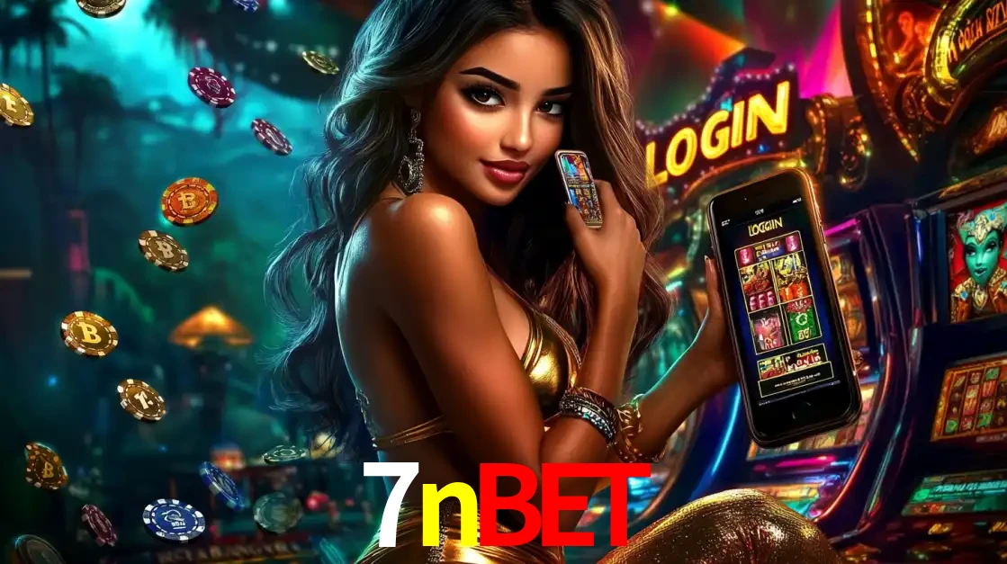 Mulher em um cenário de cassino temático de aventura, mostrando o app de caça-níqueis da 7nbet no celular. Fichas de apostas flutuam ao redor.