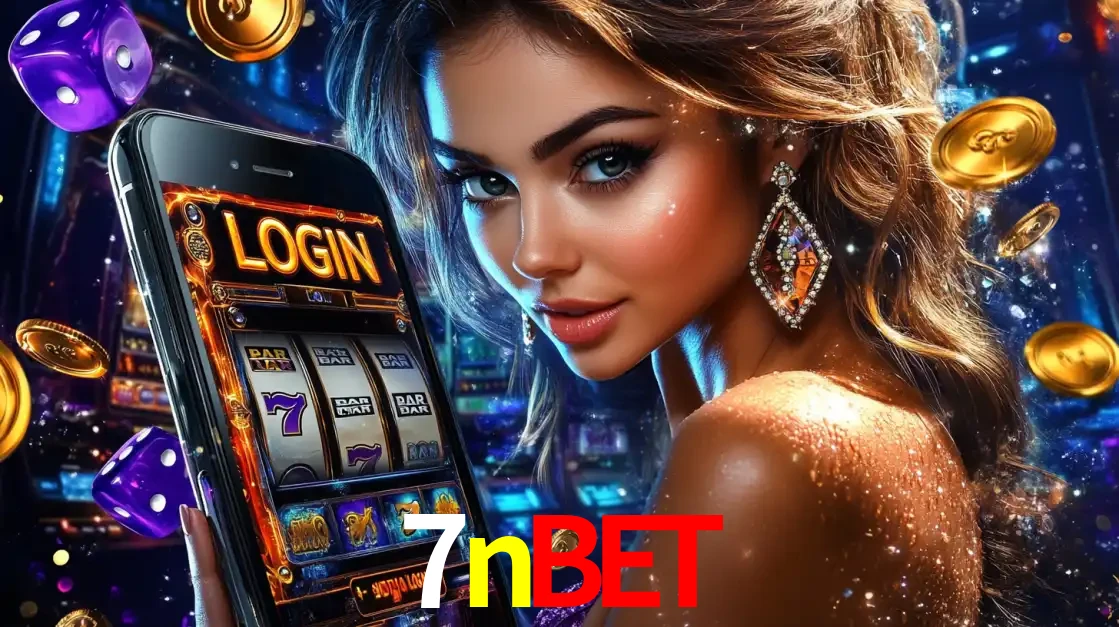 Mulher glamorosa segurando um smartphone com a tela de login para os jogos de caça-níqueis do cassino online 7nbet, com moedas de ouro e dados ao redor.
