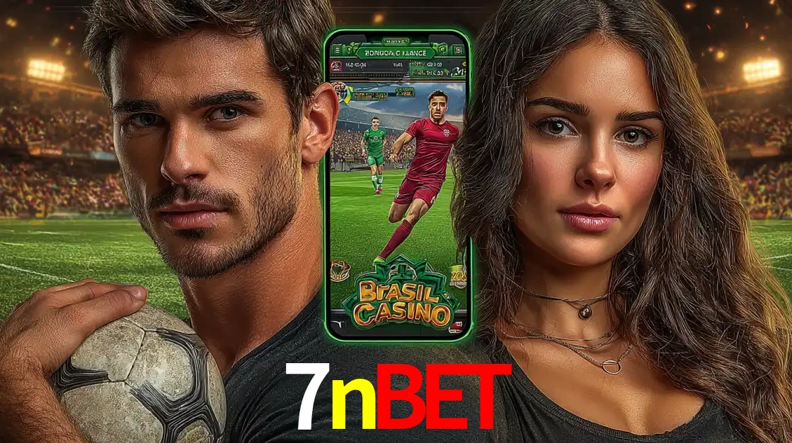 Homem segurando uma bola de futebol e uma mulher ao lado de um smartphone exibindo o jogo de apostas esportivas da 7nbet. Faça seu palpite no cassino online.